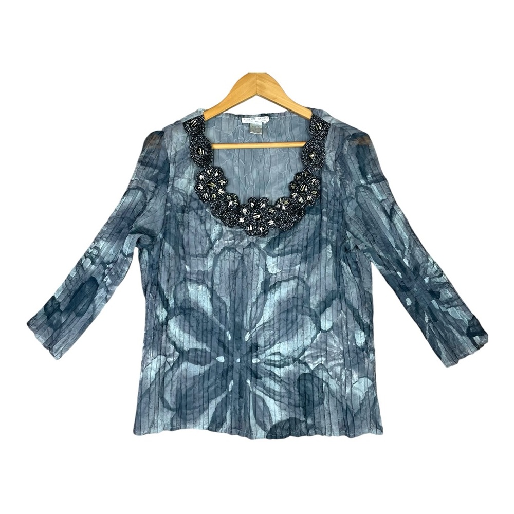 Alberto Makali Crinkle Pleat Blouse Gray Artsy Floral Long Sleeve XL Boho Sequin